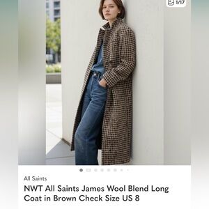 NWT All Saints James Wool Blend Long Coat in Brown Check Size US 8
